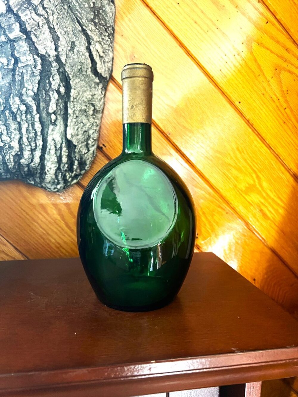 Vintage Emerald Green Glass Bottle Wine Decanter bulbous shape.